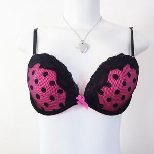 y2k pink black polka dot lace push up bra mcbling bimbo 36B
